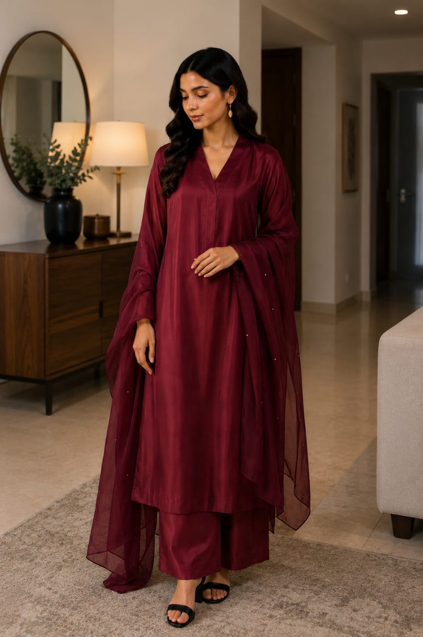 Mahira Maroon 3-Piece Silk Suit for Women | Zayuraa
