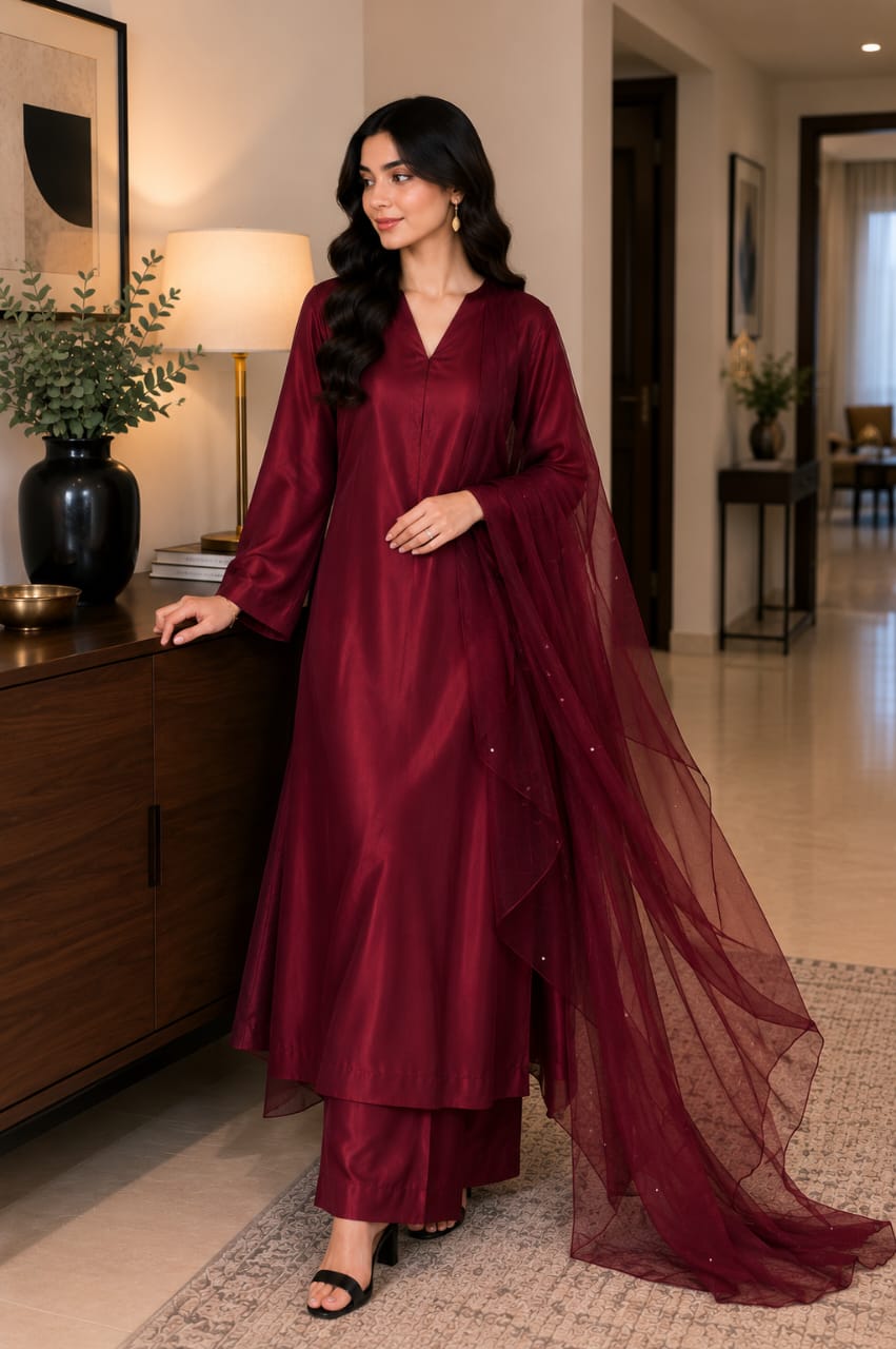 Mahira Maroon 3-Piece Silk Suit for Women | Zayuraa