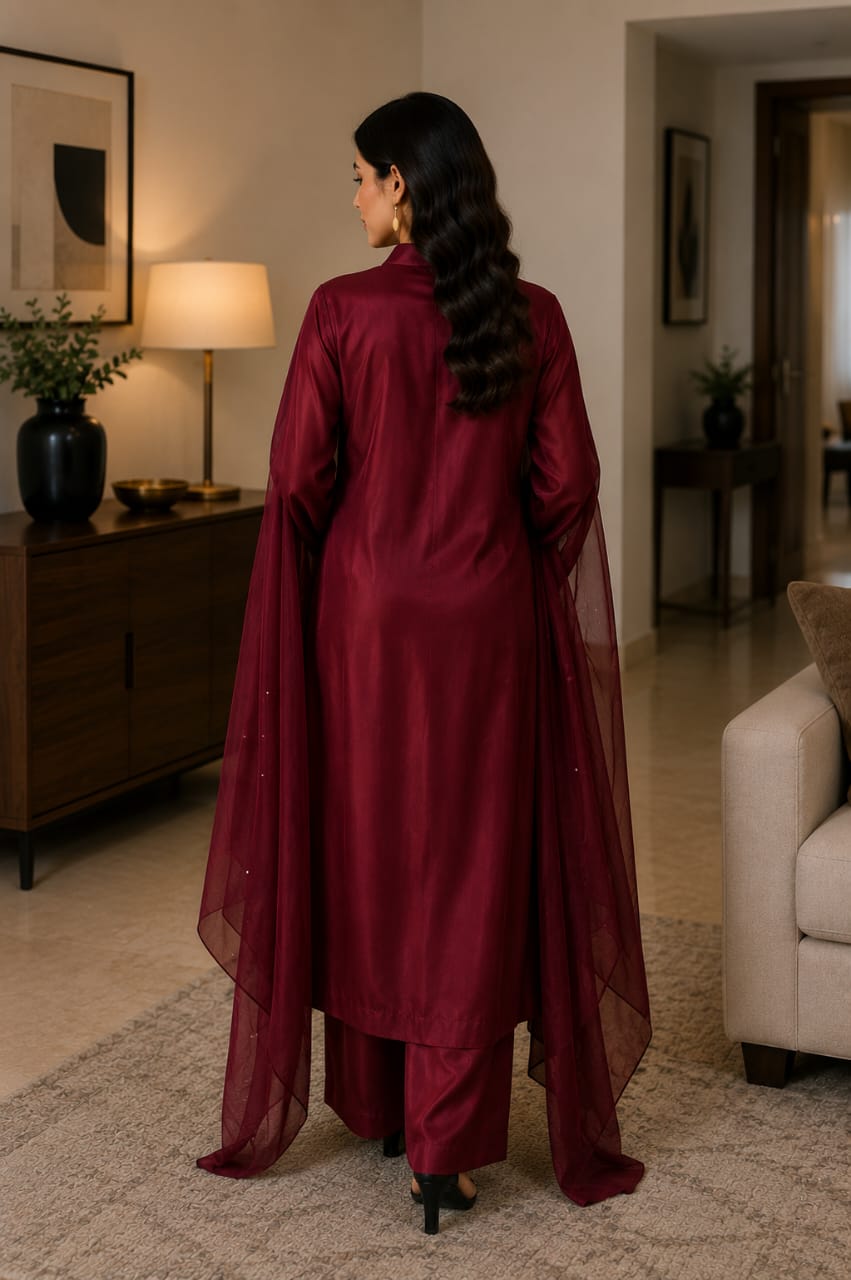 Mahira Maroon 3-Piece Silk Suit for Women | Zayuraa