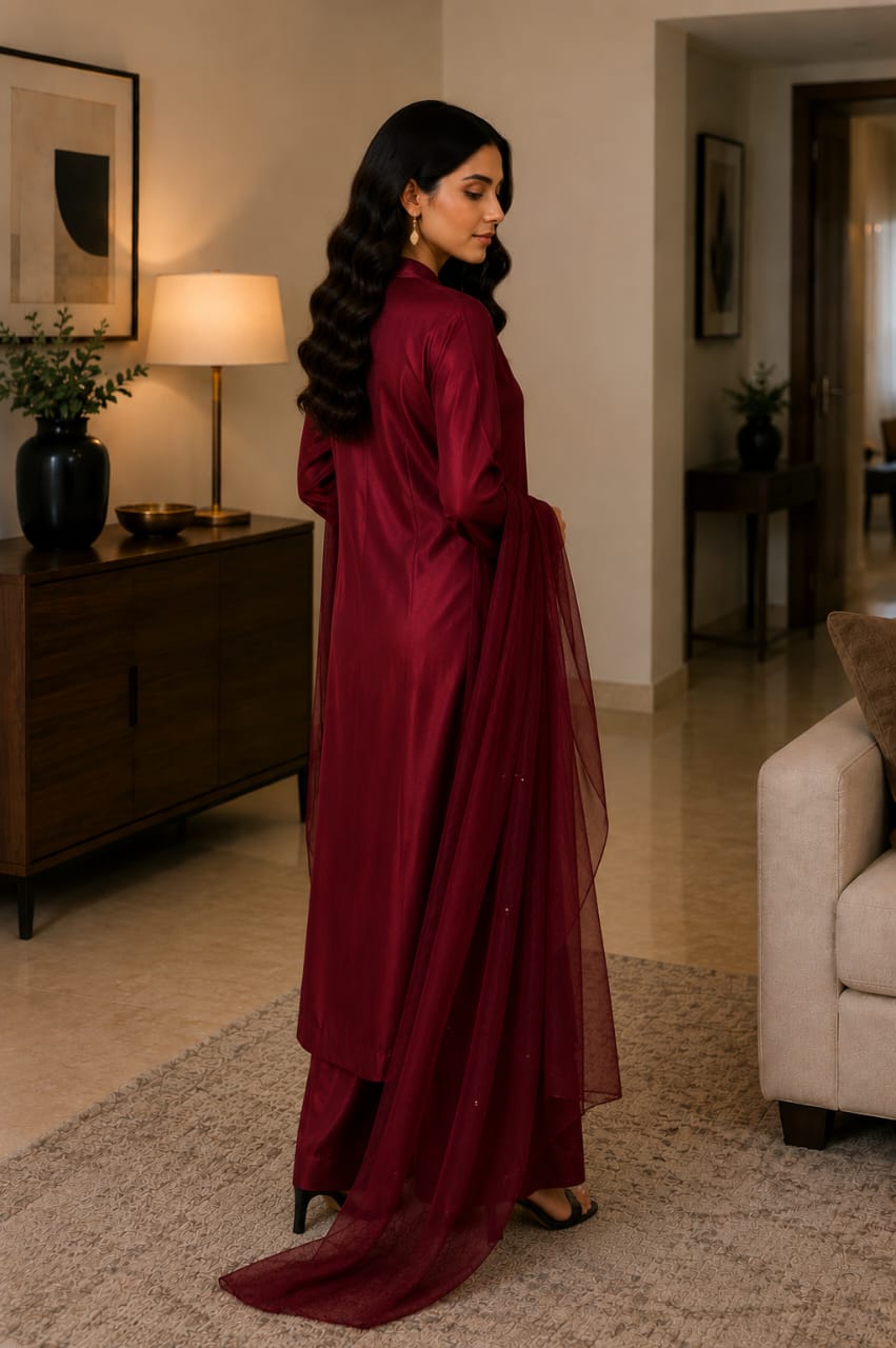Mahira Maroon 3-Piece Silk Suit for Women | Zayuraa