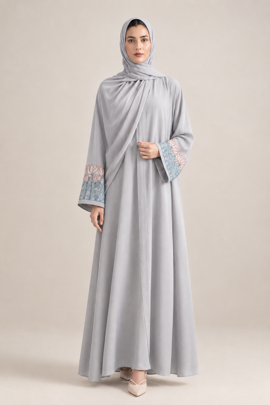 Light-grey kimono embroidered abaya set with matching hijab, front view