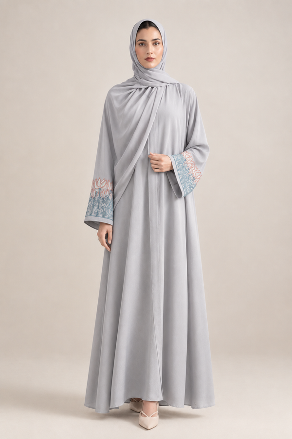 Light-grey kimono embroidered abaya set with matching hijab, front view