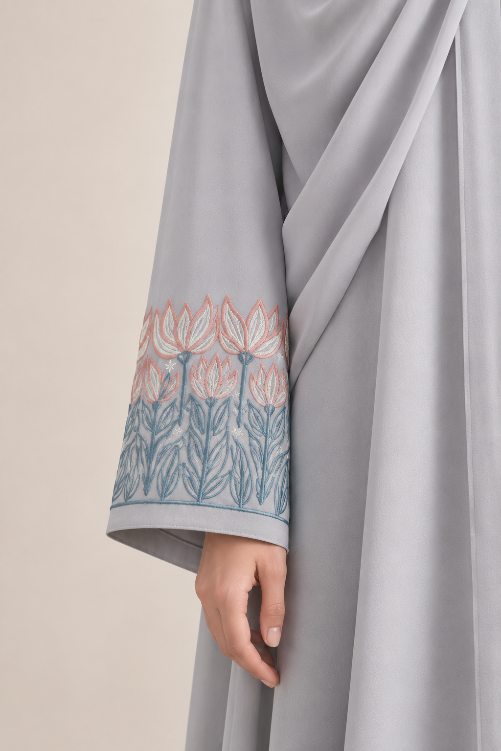 Light-grey kimono embroidered abaya set with matching hijab, front view