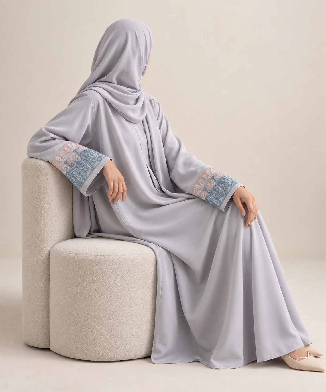 Light-grey kimono embroidered abaya set with matching hijab, back view