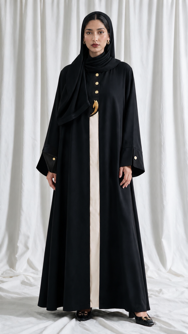 Close-up of black Open Kimono Abaya with artistic button and matching hijab