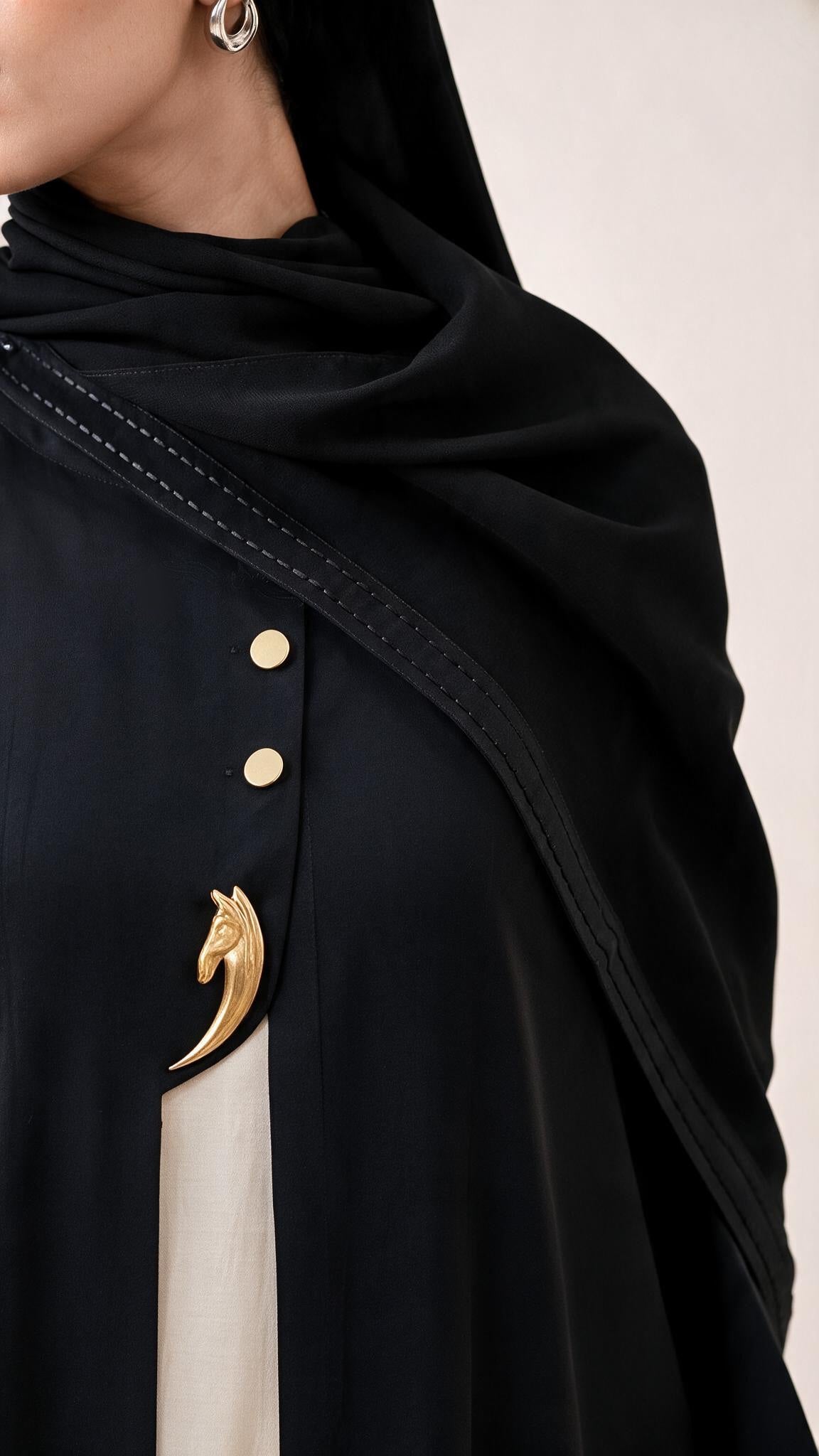 Back view of black Open Kimono Abaya with matching hijab
