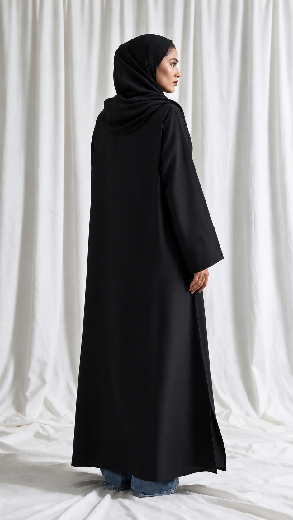 Front view of black Open Kimono Abaya with matching hijab