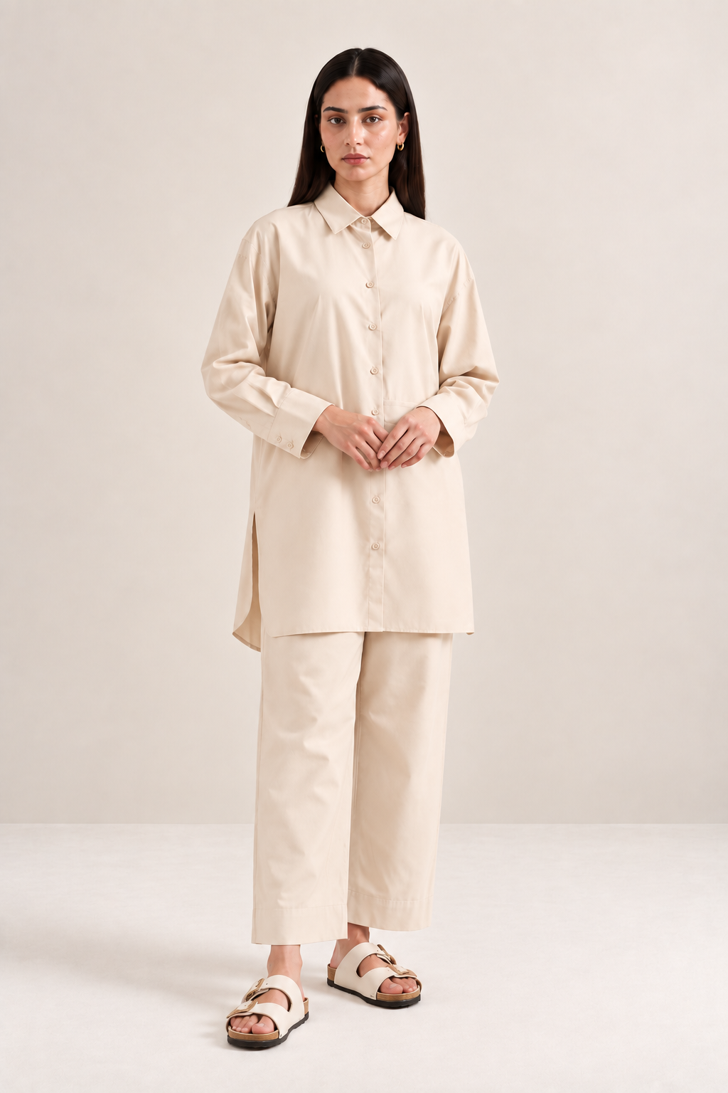 Soft ivory imported khaddar co-ord set with collared shirt and straight-leg trousers
