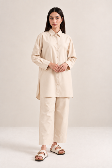 Soft ivory imported khaddar co-ord set with collared shirt and straight-leg trousers