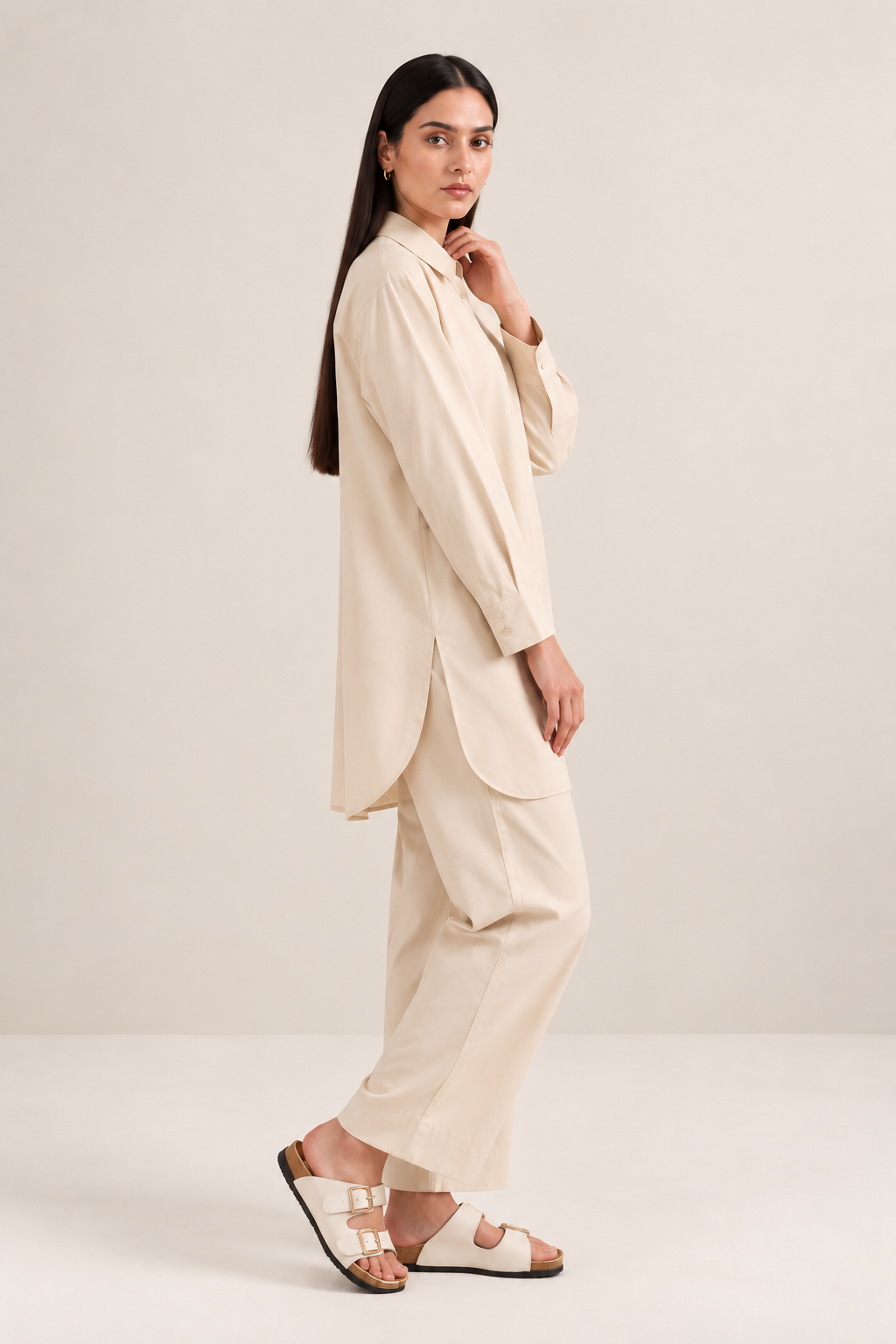 Soft ivory imported khaddar co-ord set with collared shirt and straight-leg trousers