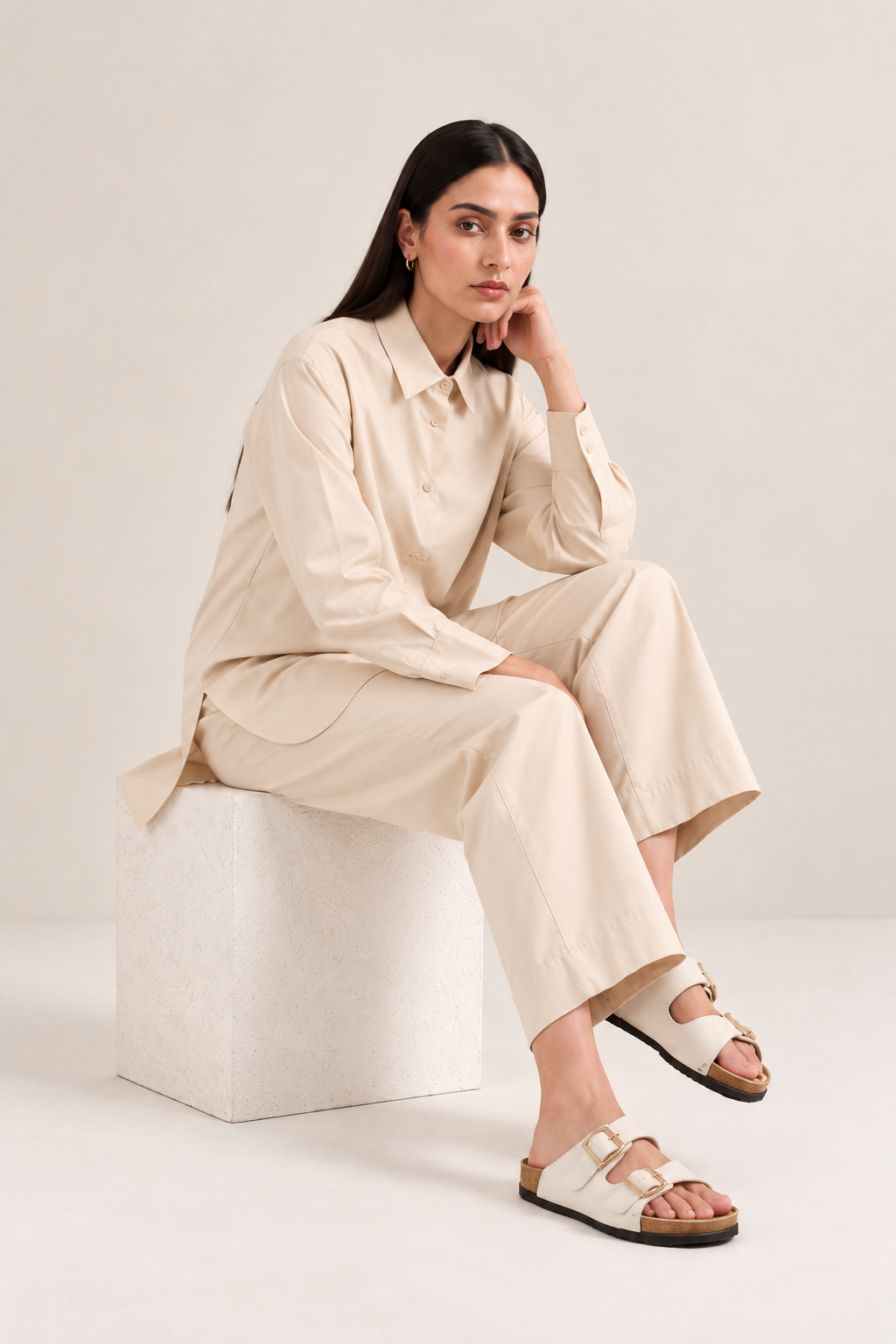 Front view of soft ivory collared button-down co-ord set