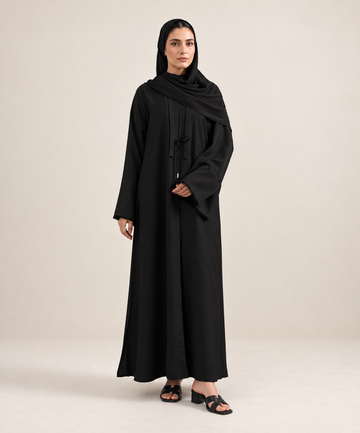 Black Regular Abaya Set in soft Nida with matching hijab, side view