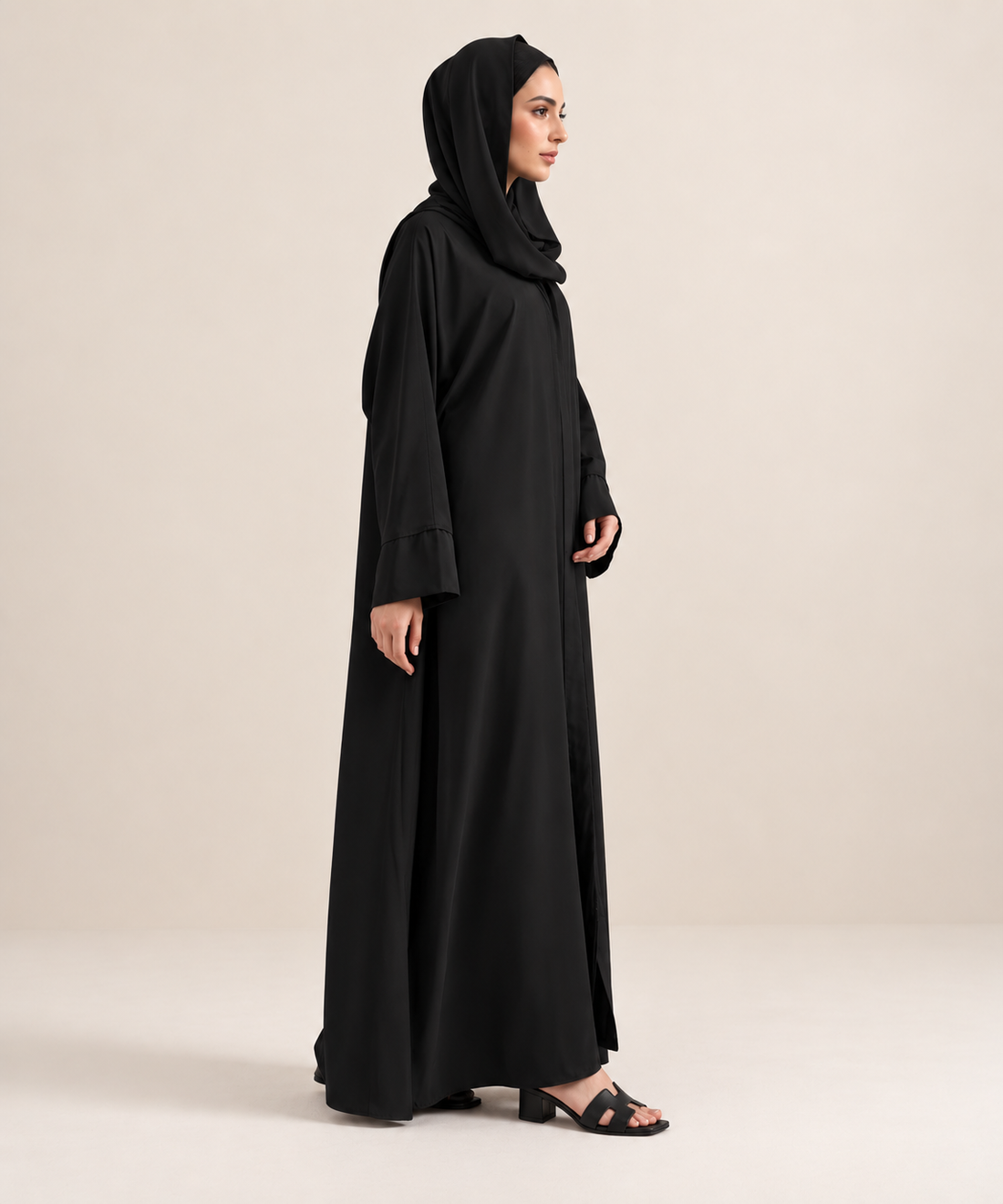 Black Regular Abaya Set in soft Nida with matching hijab, side view