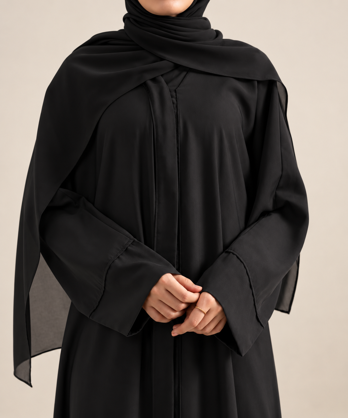 Close-up of soft Nida Regular Abaya Set with matching hijab and cuff detail