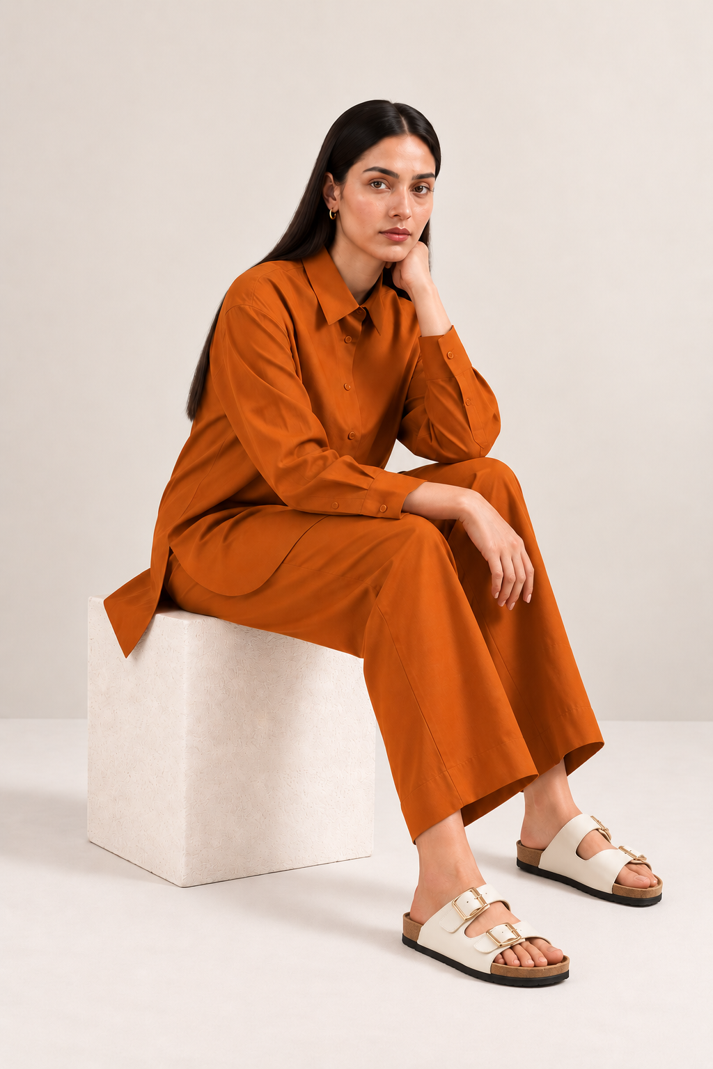 Side view of rust-orange co-ord set with wide-leg straight trousers